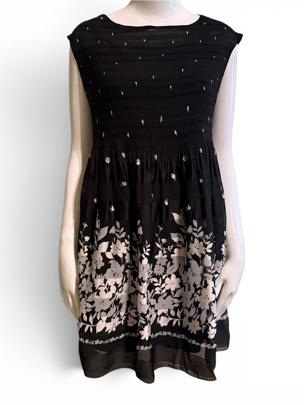 NWT Max Edition Sleeveless Black Smocked Floral Border Midi Dress XL $128 MSRP